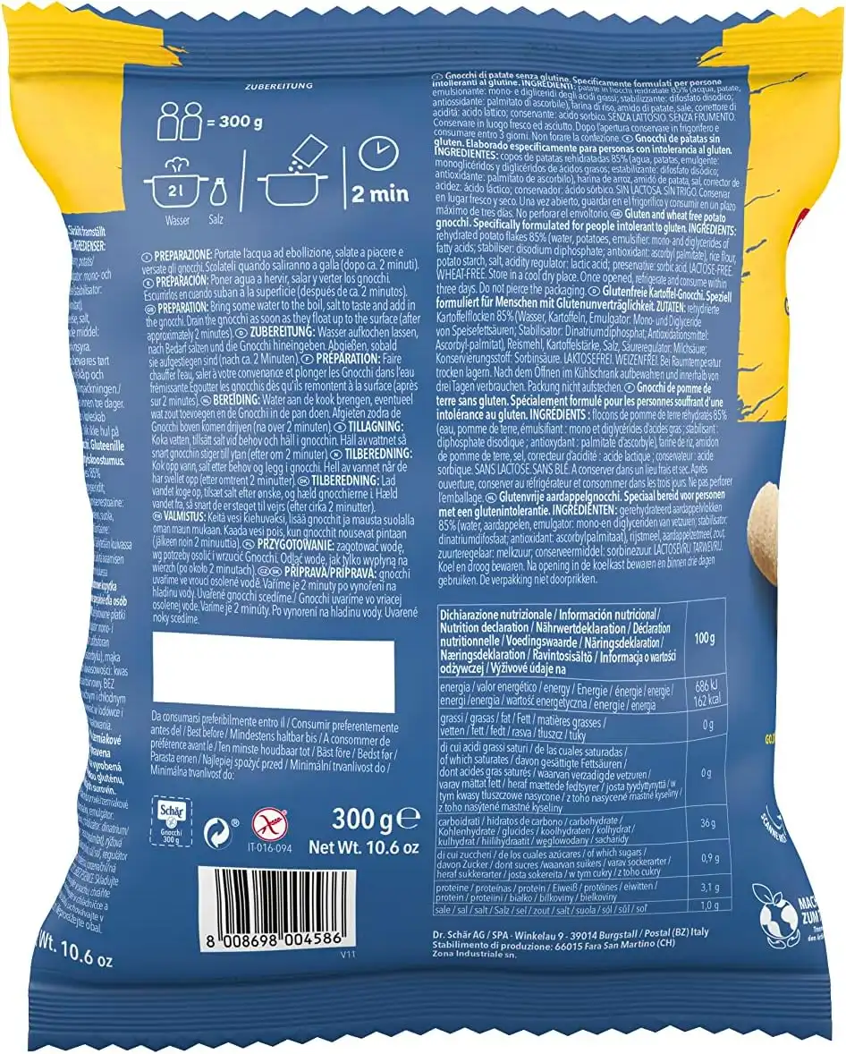 6x Schar Gnocchi di Patate Senza Glutine e Senza Olio di Palma Vegano 6x300gr