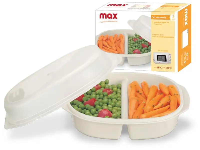 Set 2 Contenitori Per Microonde Con Coperchio 2 Scomparti 25 Cm Cuoci Alimenti