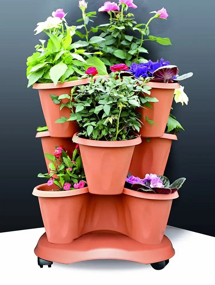 Set 3 Vasi Trifoglio Per Piante 6 Litri Con Sottovaso e Ruote Di Terracotta Bama