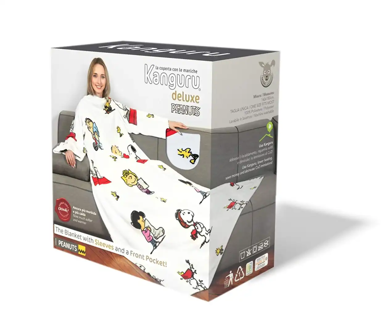 Kanguru Deluxe Coperta Con Le Maniche Peanuts Snoopy in Morbido Pile Poliestere