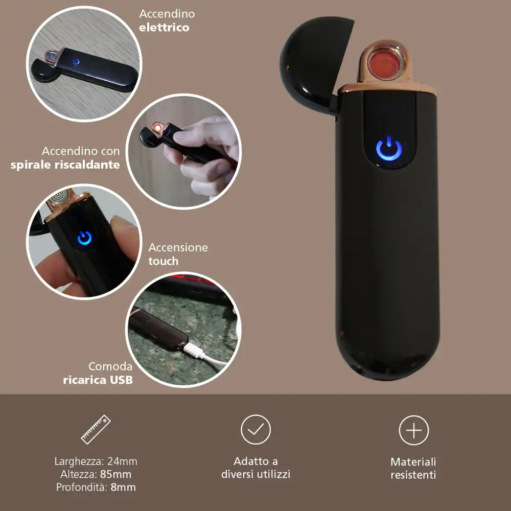 Accendino Elettrico Touch USB Ricaricabile Antivento Modello Maryland Black