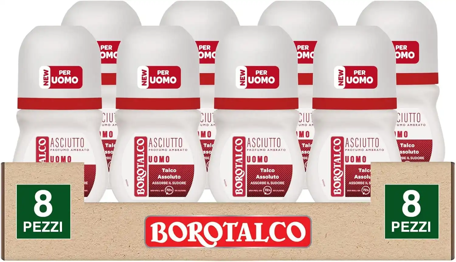 8x Borotalco Deodorante Roll On Asciutto per Uomo Deo 72h con Talco da 50 ml