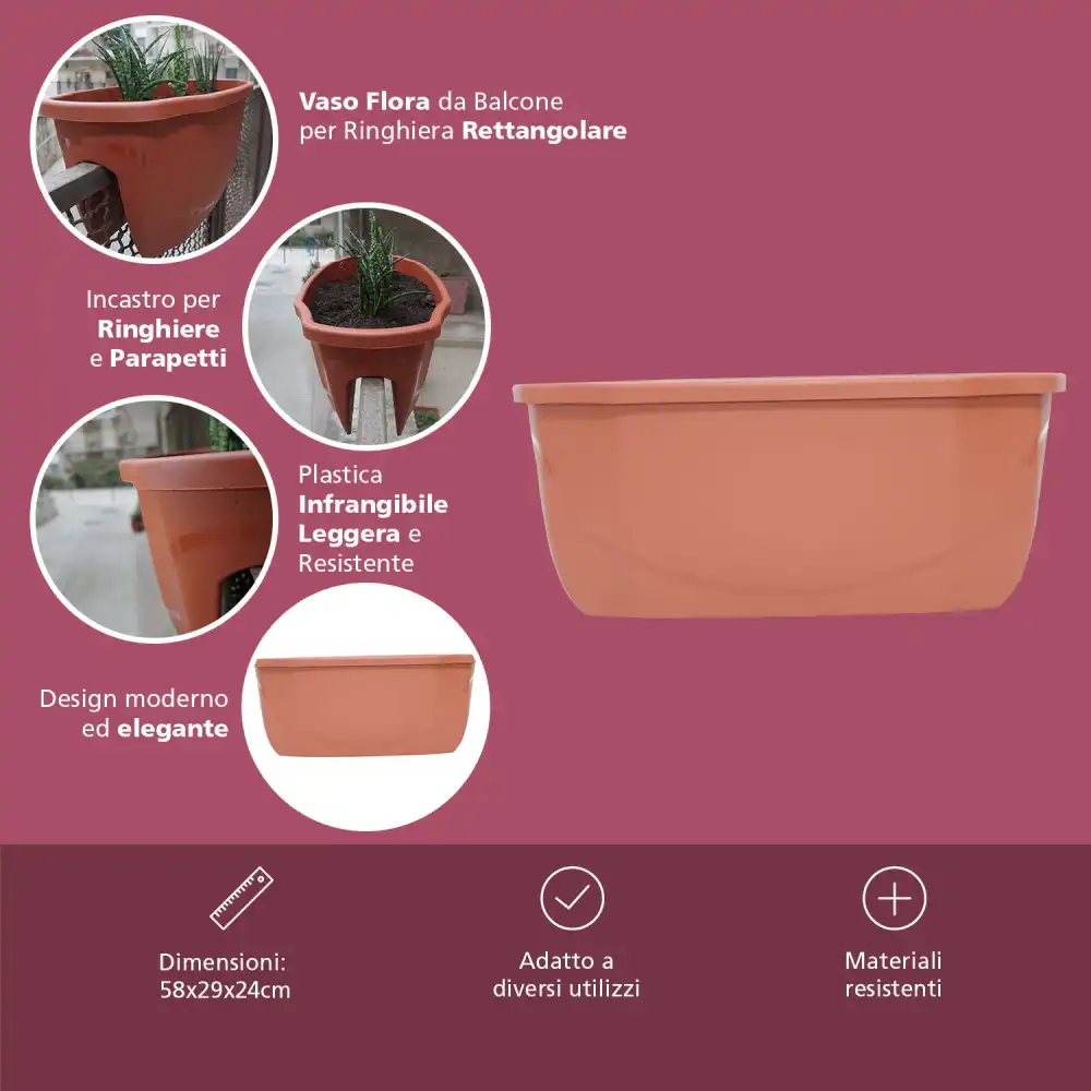 Vaso Flora da Balcone per Ringhiera Rettangolare 58x29x24cm Color Terracotta