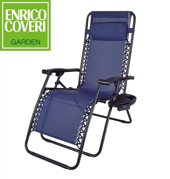 Sedia Sdraio Relax Reclinabile Blu Con Poggiapiedi e Portaoggetti In Acciaio