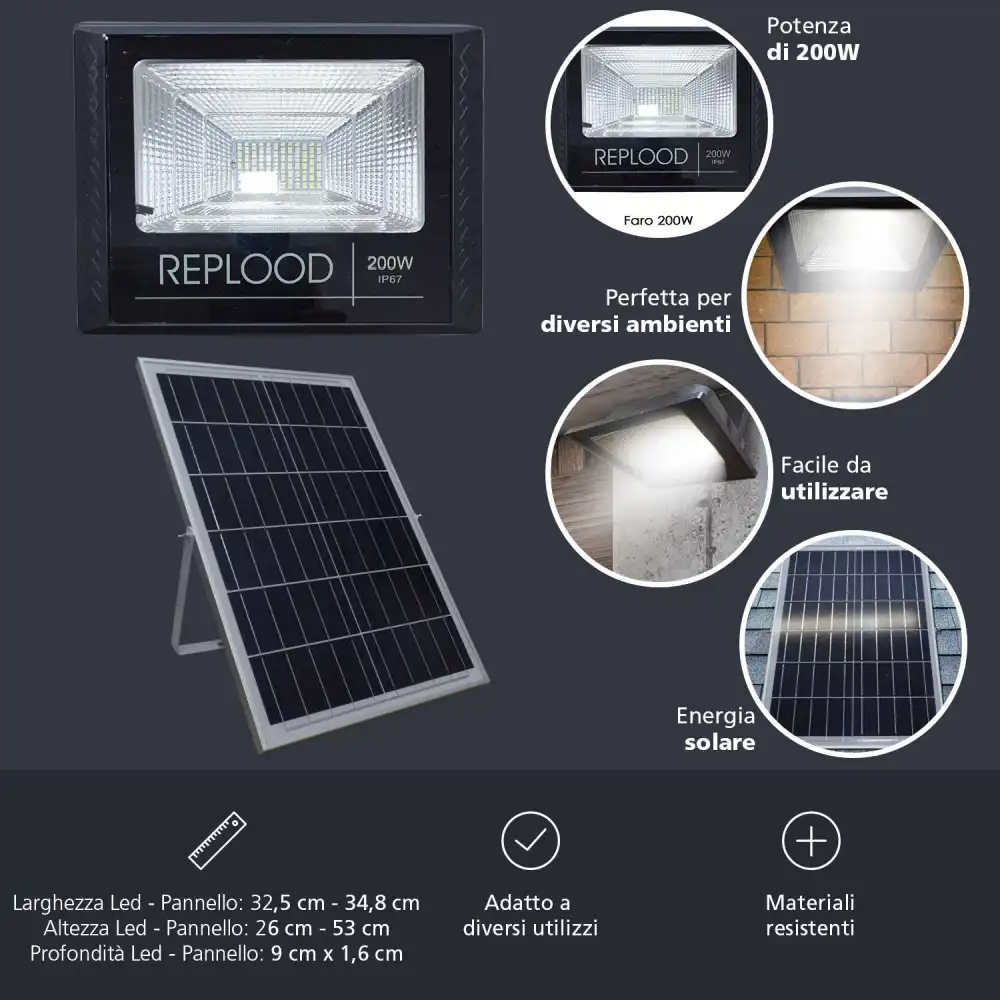 Faro Led 200W Con Pannello Solare Crepuscolare + Telecomando IP67 200 W