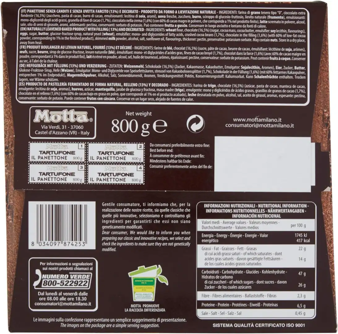 Tartufone Motta Panettone 800g Farcito Senza Canditi Cioccolato Extra Fondente