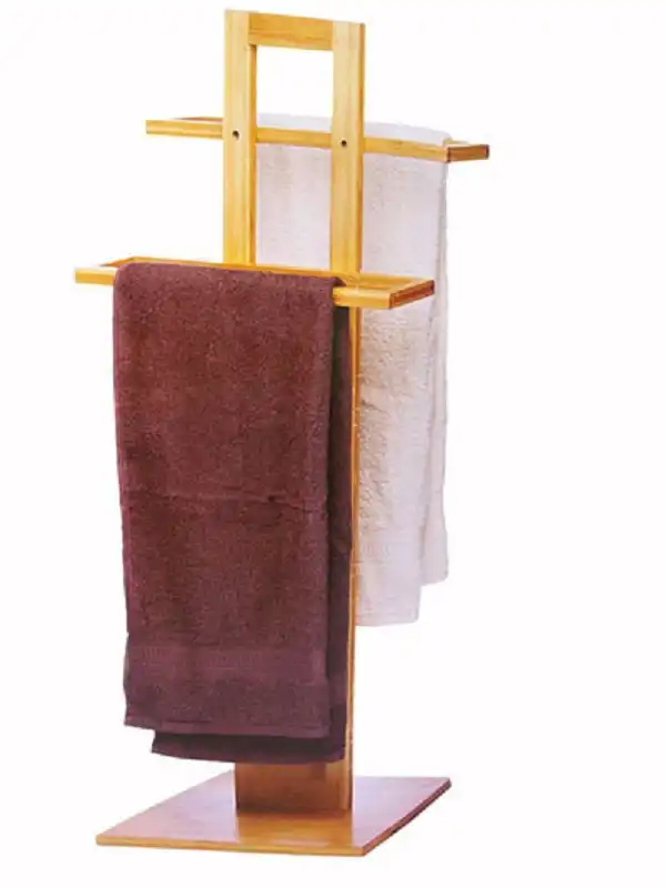 Porta Asciugamani Da Terra In Legno Bamboo Con 2 Barre Asciugamano Per Bagno