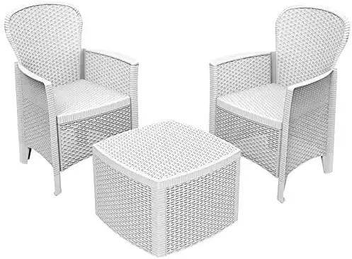 Set da Giardino Tree con 2 Poltrone con Cuscini e Tavolino Bianco Effetto Rattan