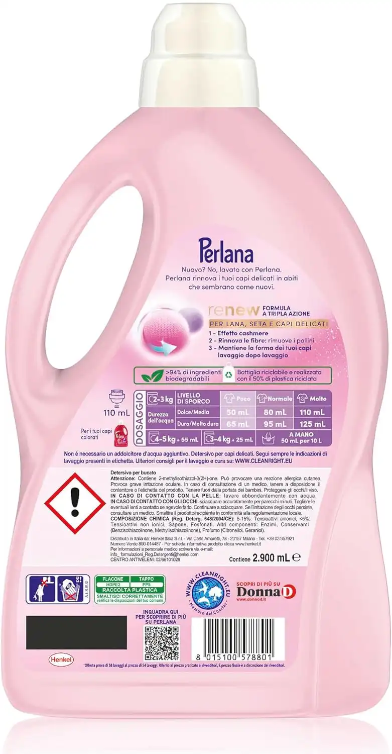 Perlana Renew Detersivo Liquido Lavatrice Rosa Per Capi Delicati 58 Lavaggi