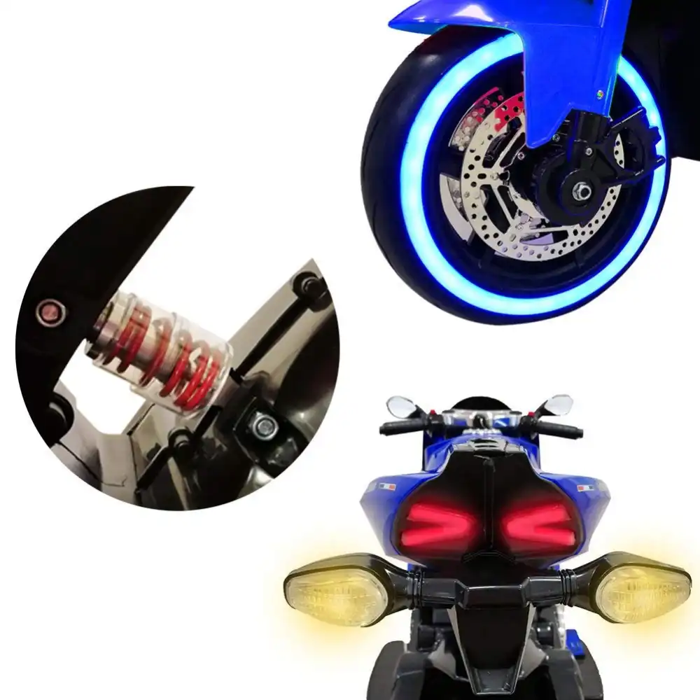 Moto Elettrica Per Bambini 12V Ruote LED Fari Funzionanti MP3 USB Blu