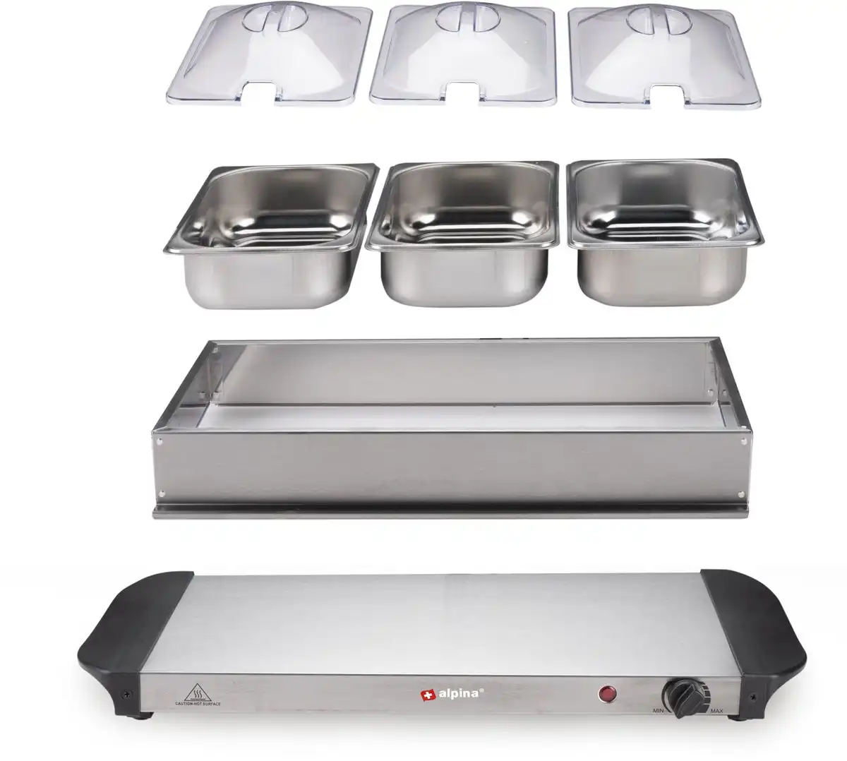 Scaldavivande Elettrico 200W Per Buffet con 3 Scomparti in Acciaio 26x11x57cm