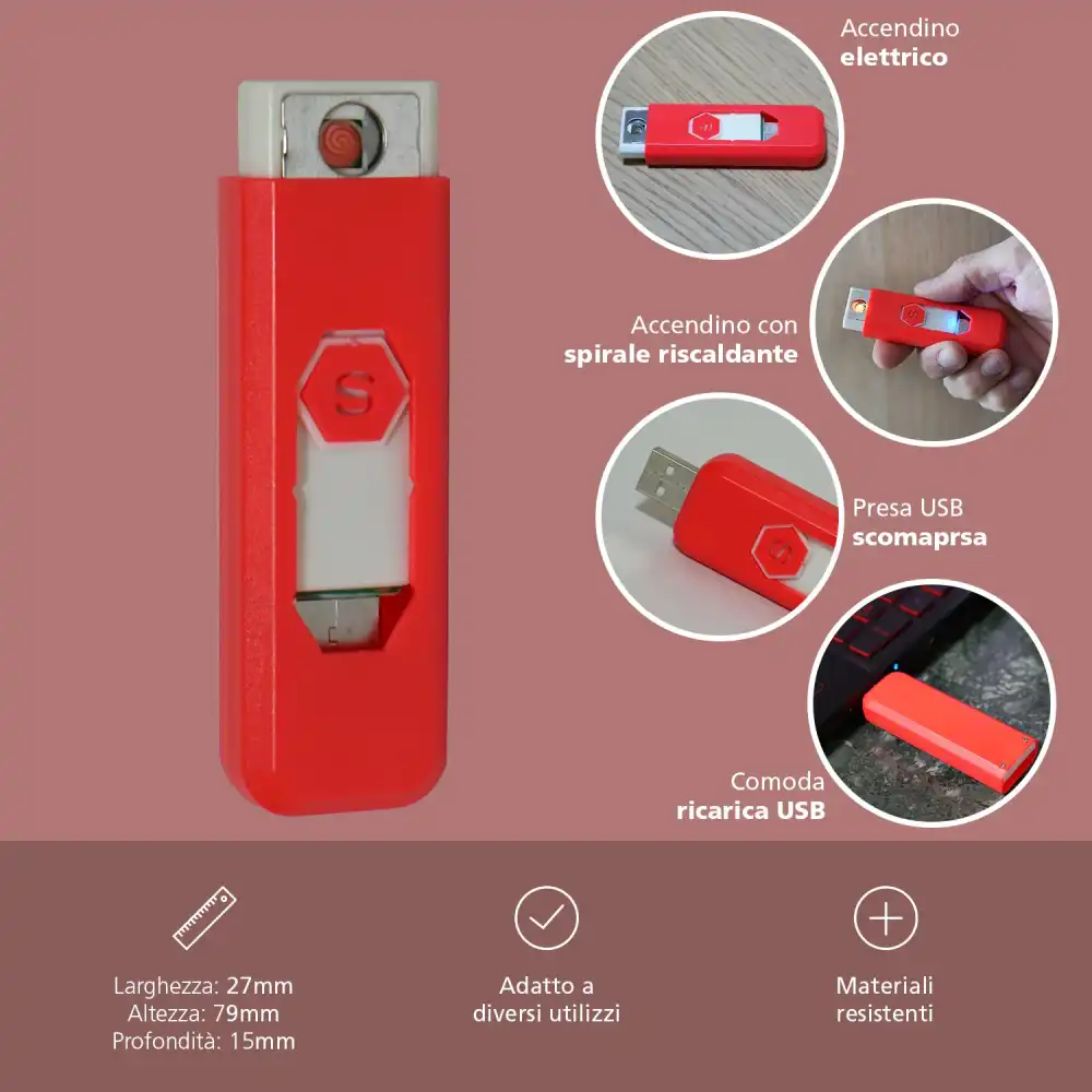 Accendino Elettrico USB Ricaricabile Antivento Elettronico Toldedo Rosso 250 mAh