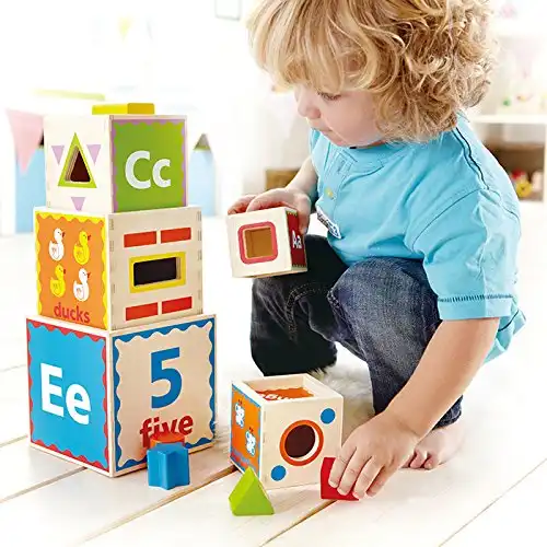 Piramide Gioco in Legno Blocchi 5 Lati con Numeri Forme Lettere Immagini Colori