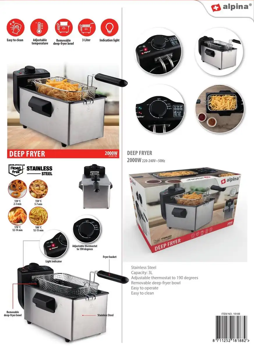 Friggitrice Alpina 3 Litri in Acciaio Inox Con Manopola Termostato 2000W