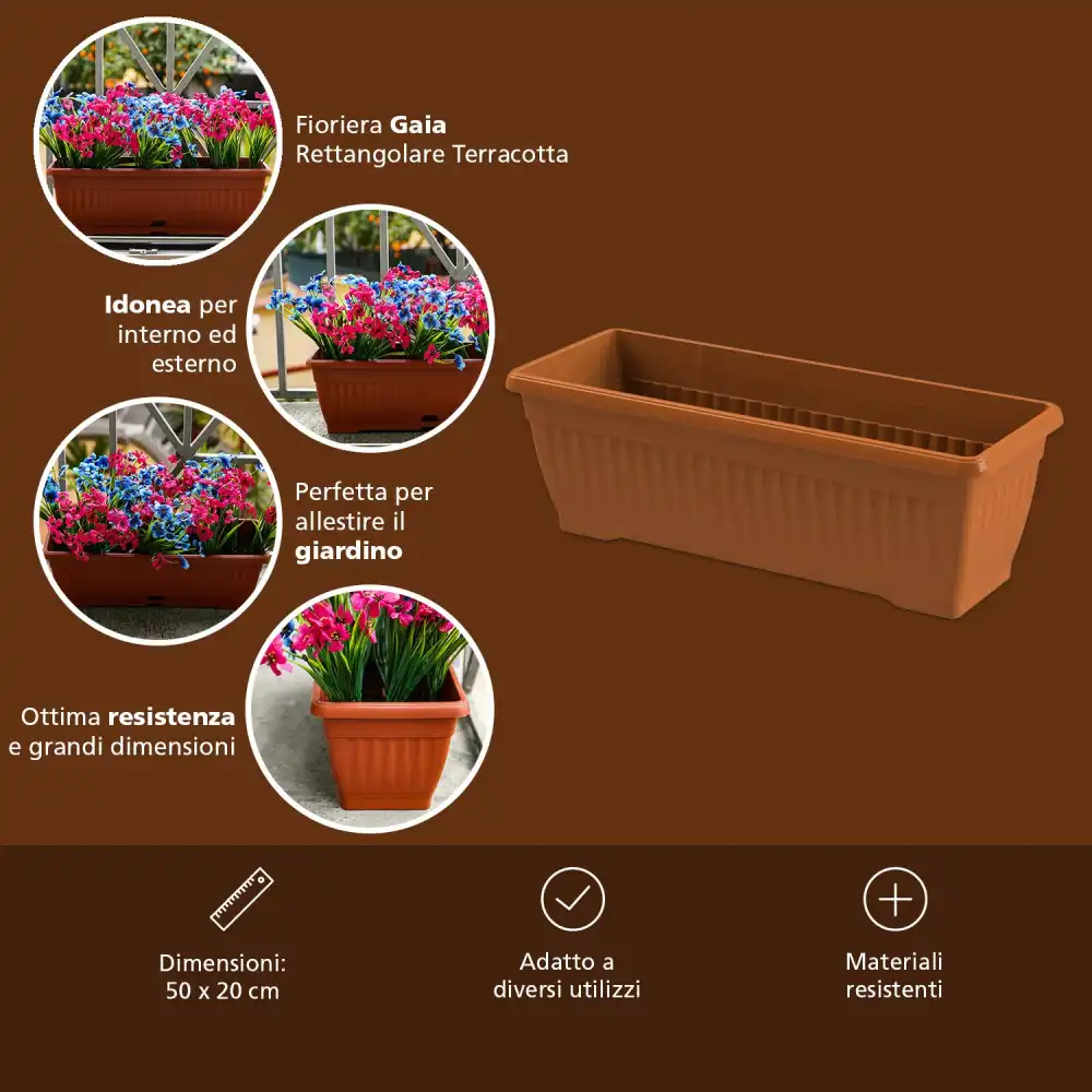 Fioriera Vaso Gaia Rettangolare 50x20 cm 9 Lt Colore Terracotta con Sottovaso