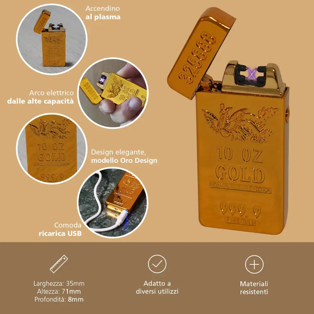 Accendino al Plasma ad Arco Elettrico USB Ricaricabile Modello Orlando Gold