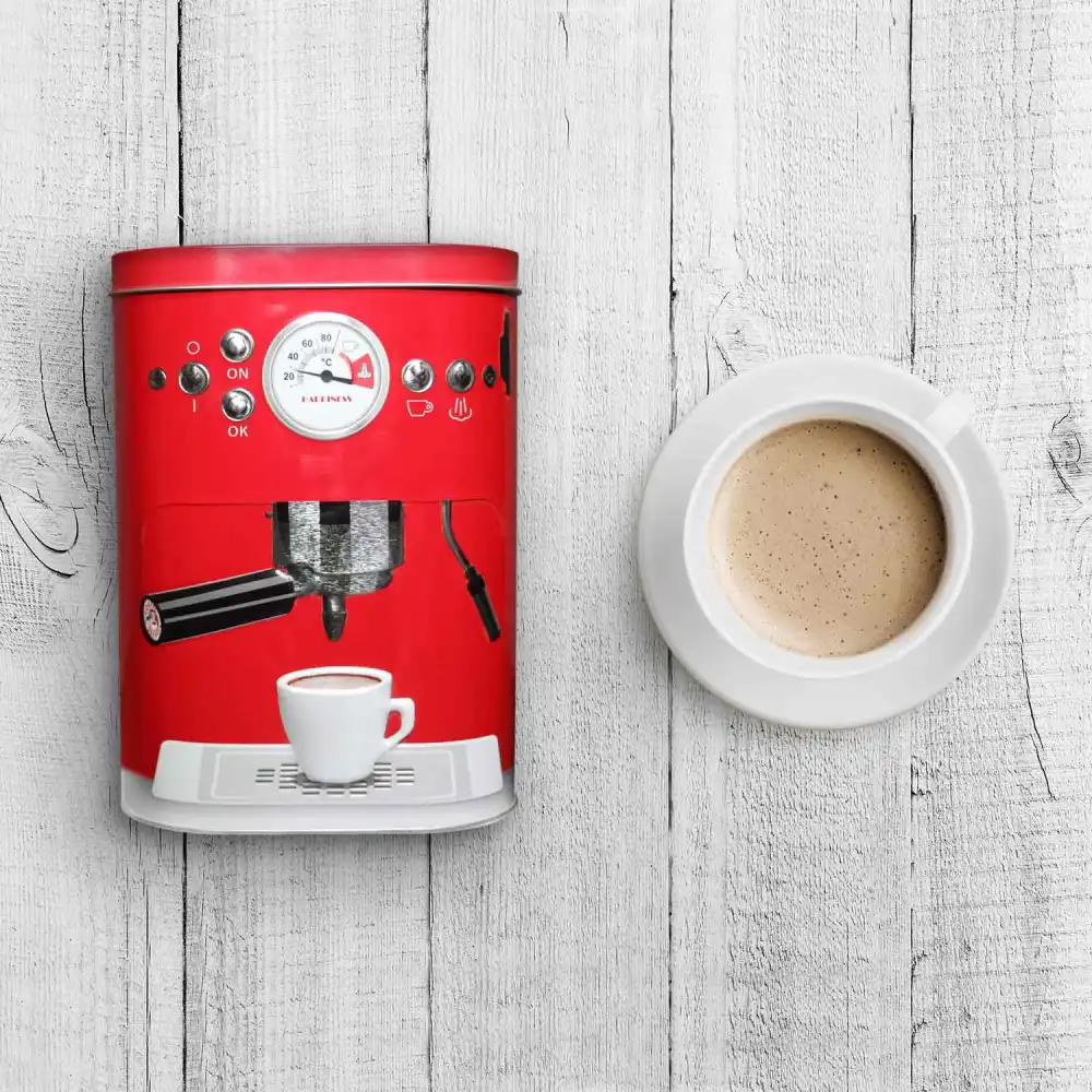 Contenitore Barattolo Vintage Per Caffe' in Metallo Design Macchinetta Espresso