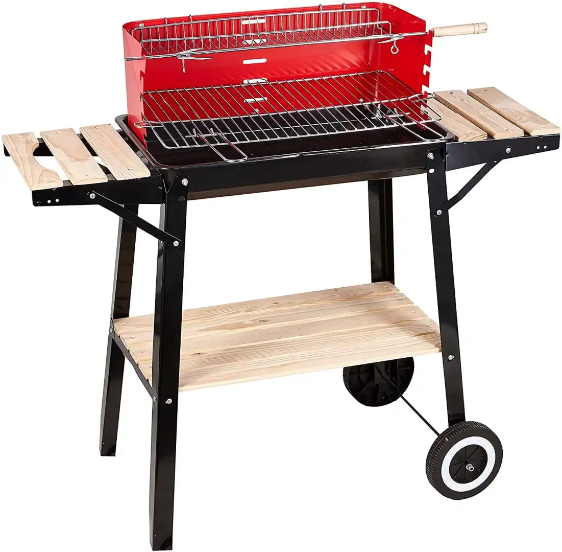 Barbecue rettangolare multifunzione con struttura in acciaio e ripiani in legno