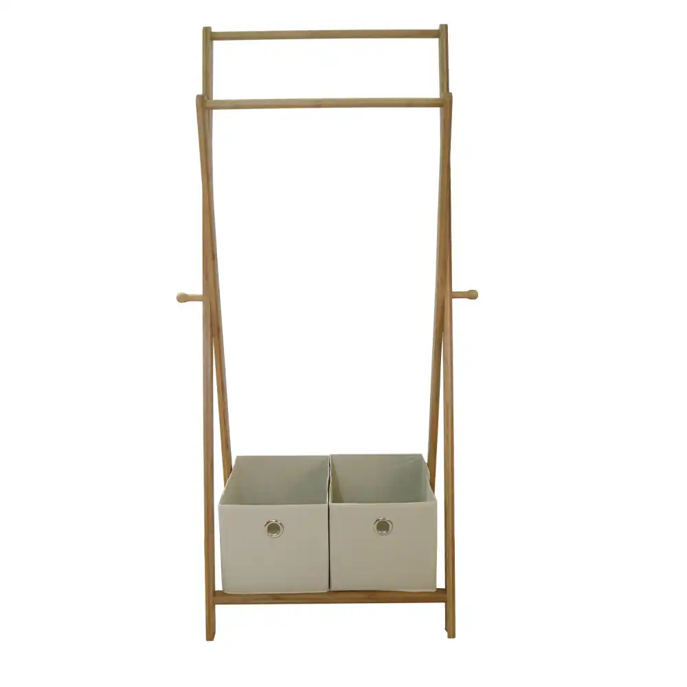 Stand Appendiabiti in Bamboo Con 2 Cassetti in Stoffa Porta Abiti Bagno Camera