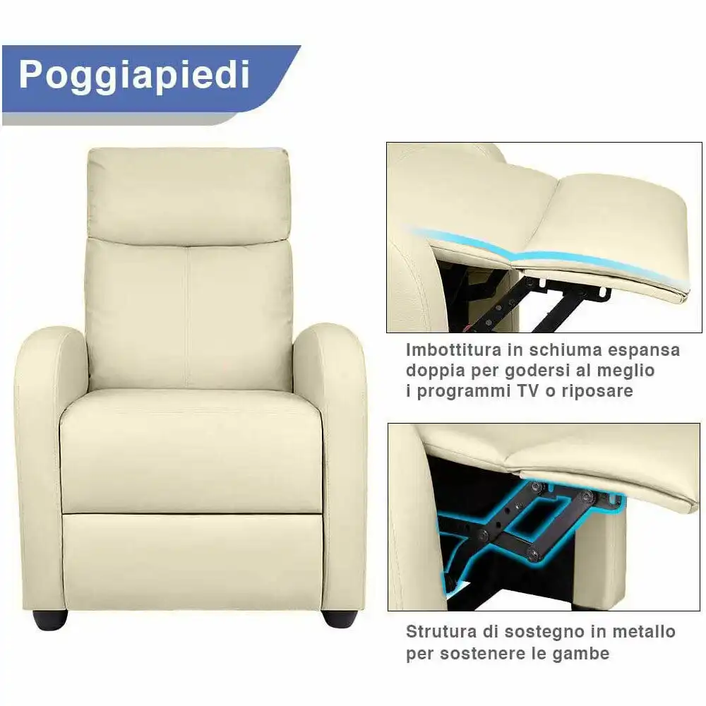 Poltrona Relax Desa 87X69X100 in Ecopelle Color Crema Reclinabile a Spinta