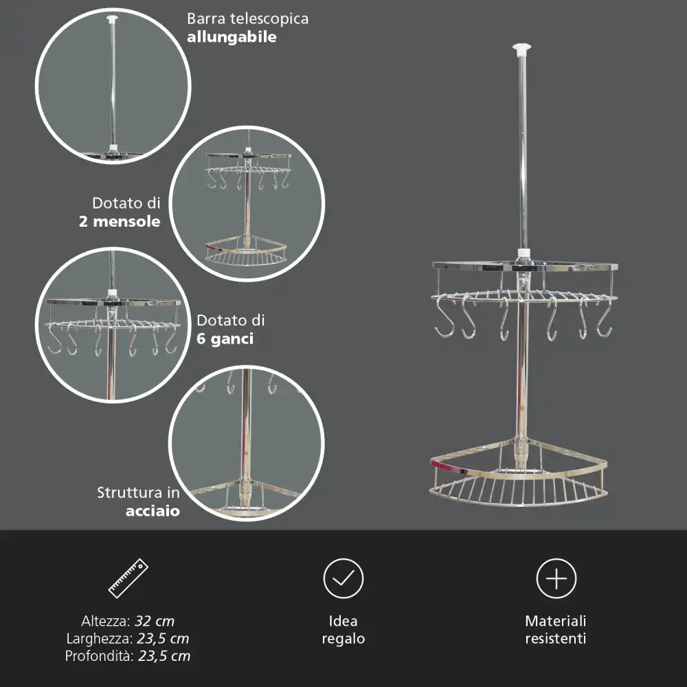 Mensola Ad Angolo Con Barra Telescopica Per Da Cucina e 6 Ganci Mensole Scaffale