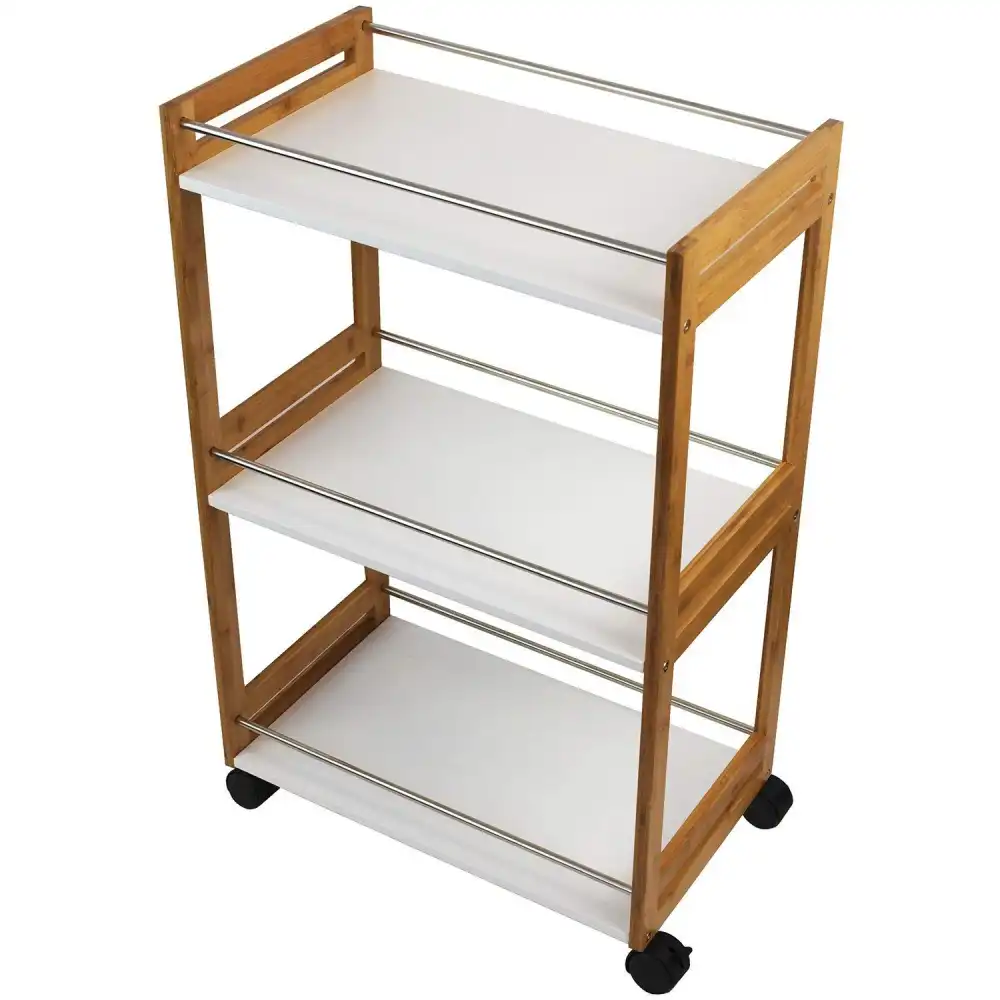 Carrello Carrellino da Cucina in Legno 3 Mensole Ripiano e 4 Ruote 51X30X80cm