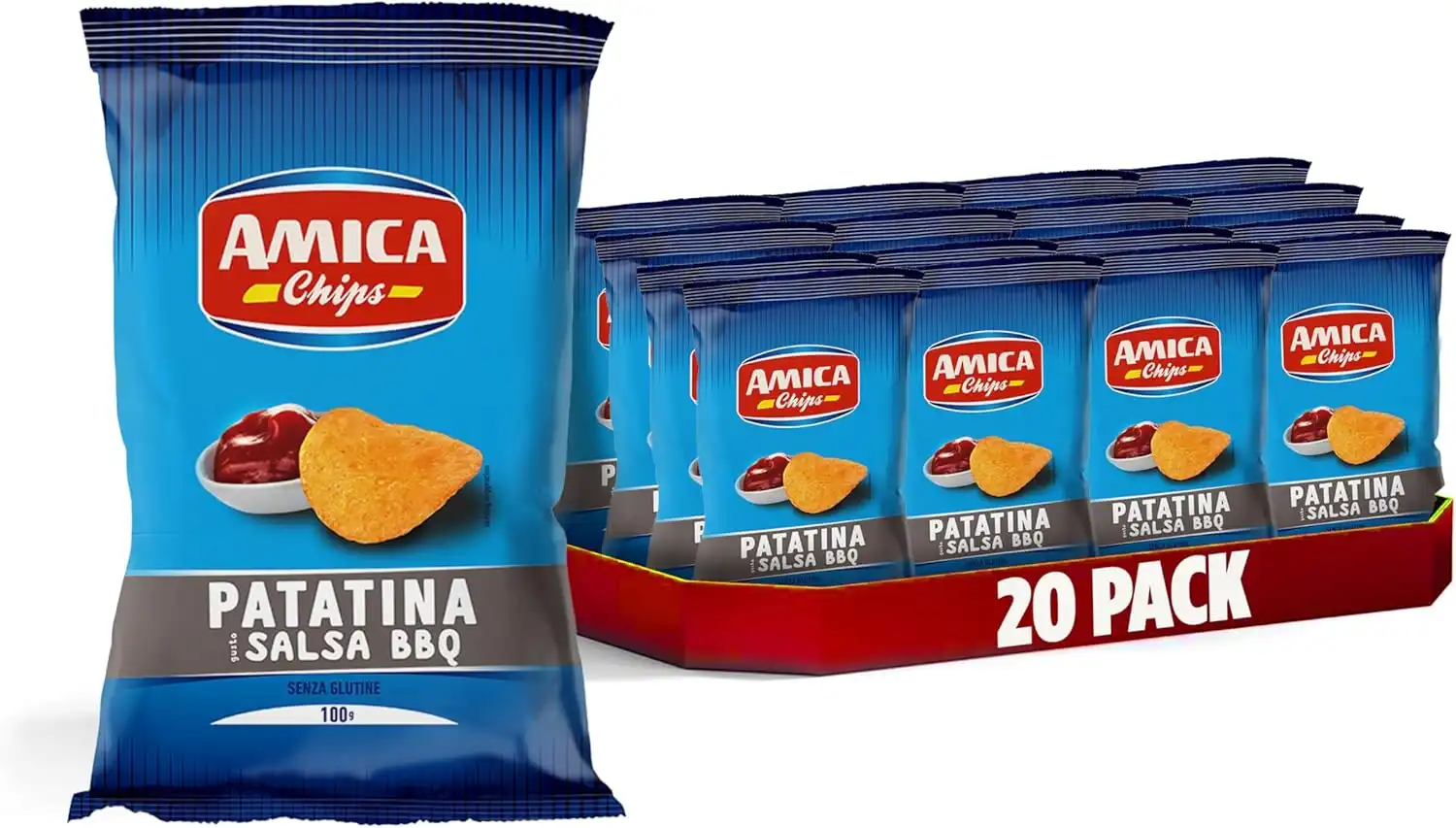 20x AMICA Chips La Patatina Gusto Salsa BBQ Snack Senza Glutine 20 Pezzi x 100gr