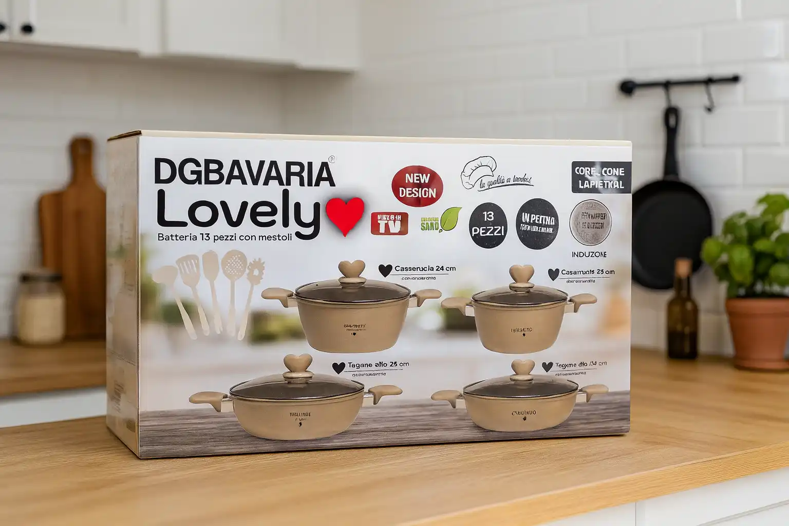 DGBavaria Lovely Set 13 Pezzi Pentole Pietra Crema Coperchi Cuore con Mestoli