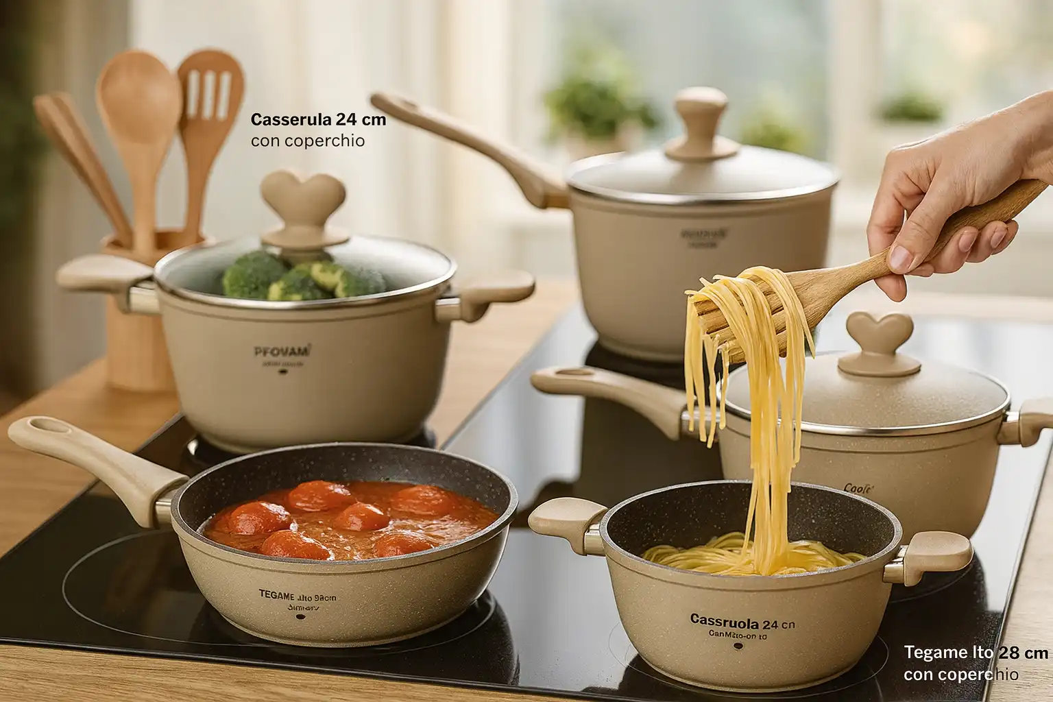 DGBavaria Lovely Set 13 Pezzi Pentole Pietra Crema Coperchi Cuore con Mestoli