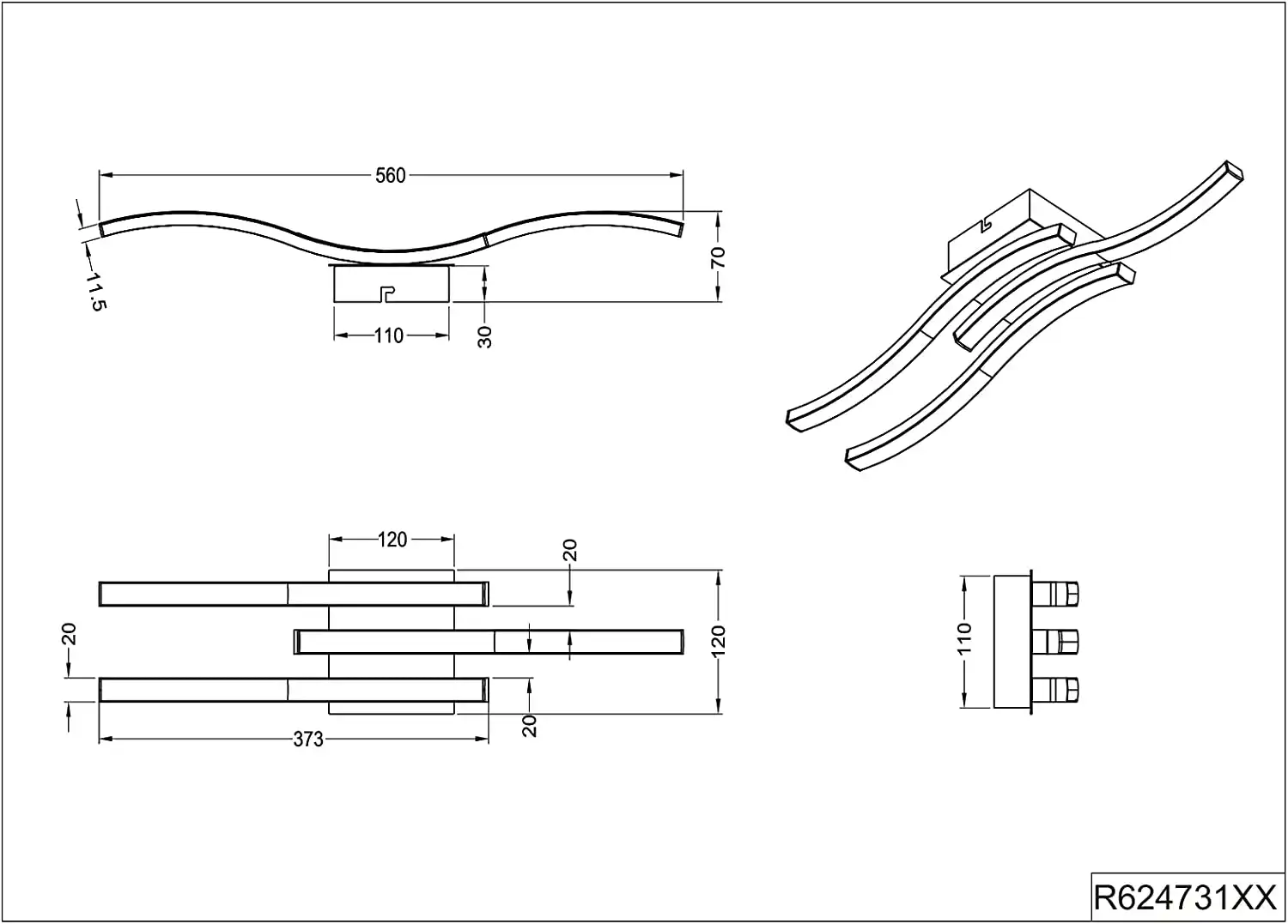 Lampadario Route Plafoniera LED 3 Bacchette Ondulate Bianche 54cm in Metallo