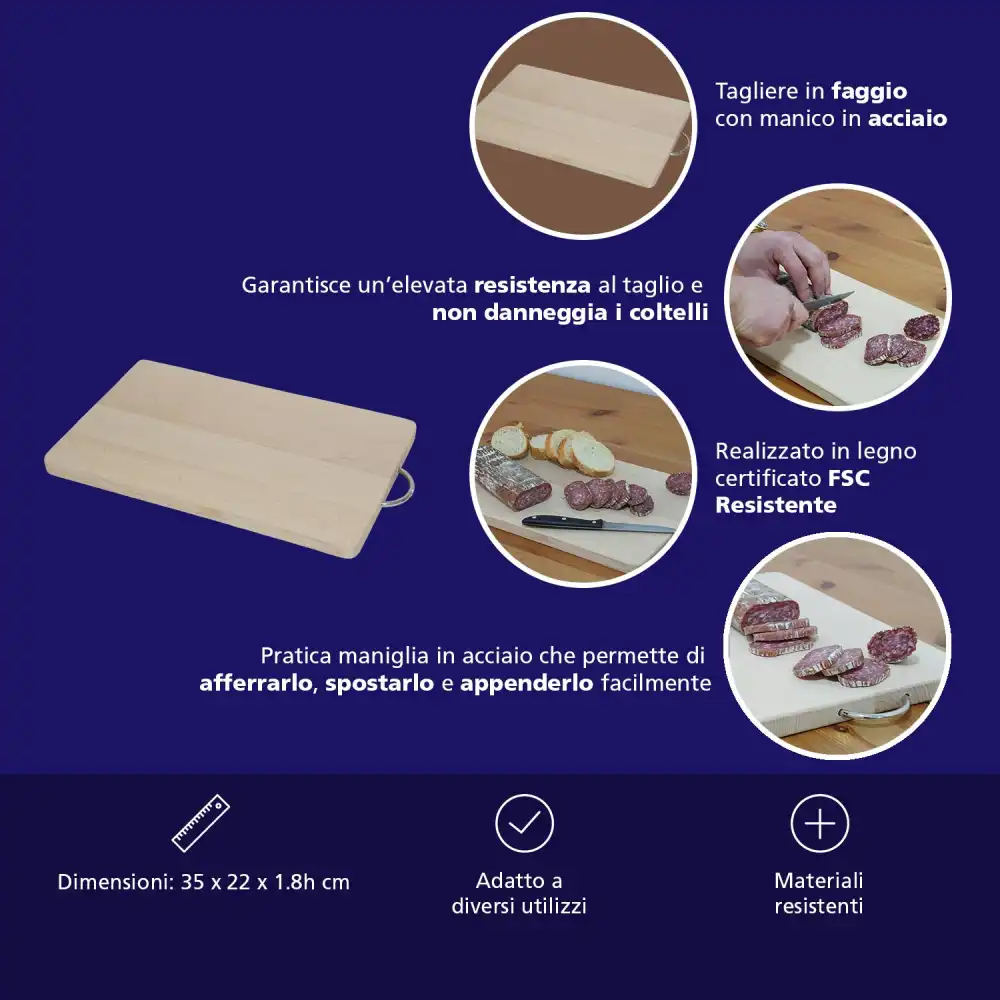 Tagliere in Legno di Faggio Naturale con Manico in Ferro 35x22x1.8h Vassoio