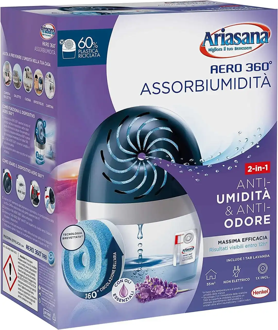 Ariasana Aero 360° Kit Assorbiumidità Deumidificatore Ricaricabile 2in1 Lavanda