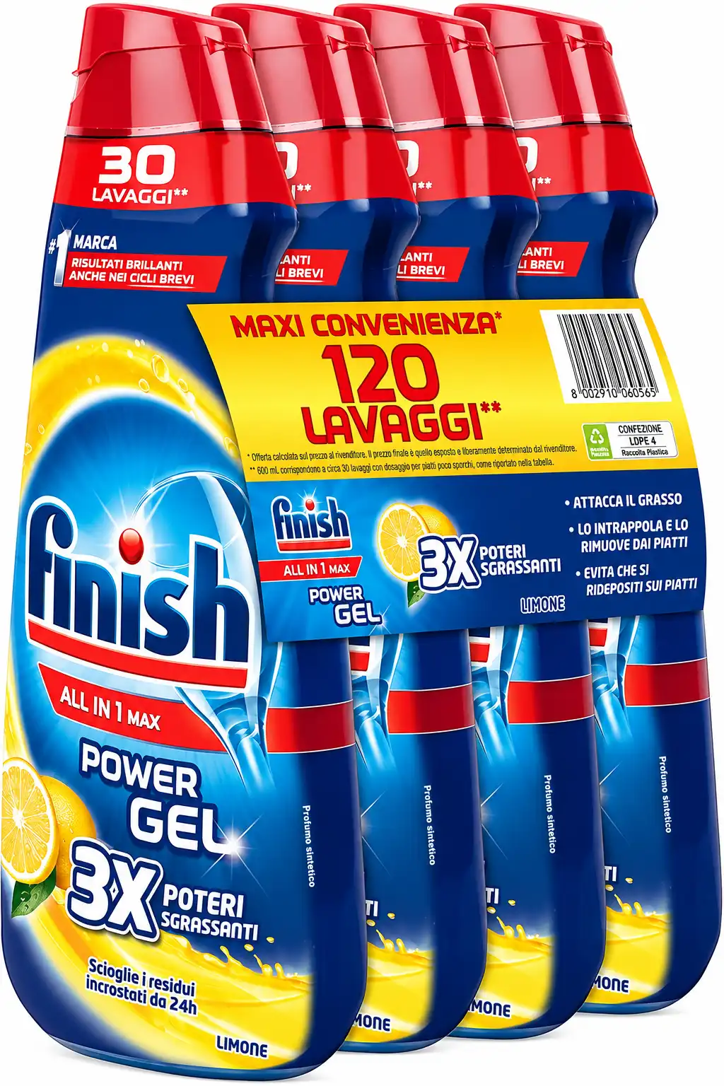 4 Pezzi Finish Powergel Limone 30 Lavaggi Gel Lavastoviglie 120 Lavaggi