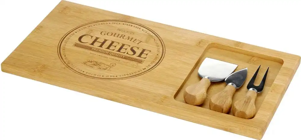 Tagliere Per Formaggio in Legno Bambu' 38x18cm Con 3 Coltelli Formaggi Acciaio