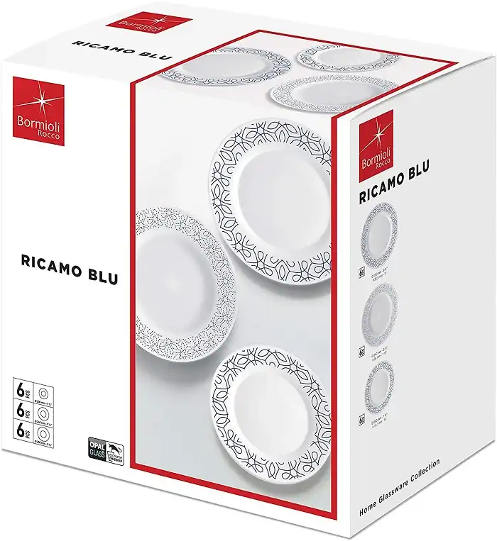 Servizio Set di Piatti da Tavola Confezione da 18 Pezzi con Ricamo Blu
