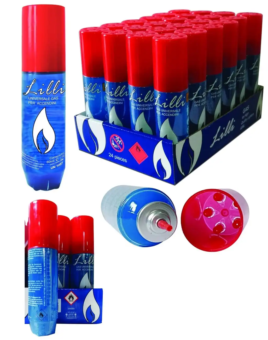 Set 24 Bomboletta Gas Refill 60 ML Gas Ricarica Accendini Butano Con Adattatori