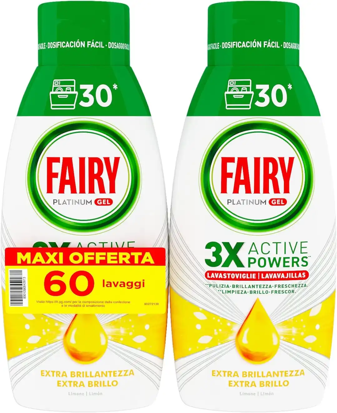 Fairy Platinum Detersivo Lavastoviglie Gel Liquido a Limone 60 Lavaggi 90037