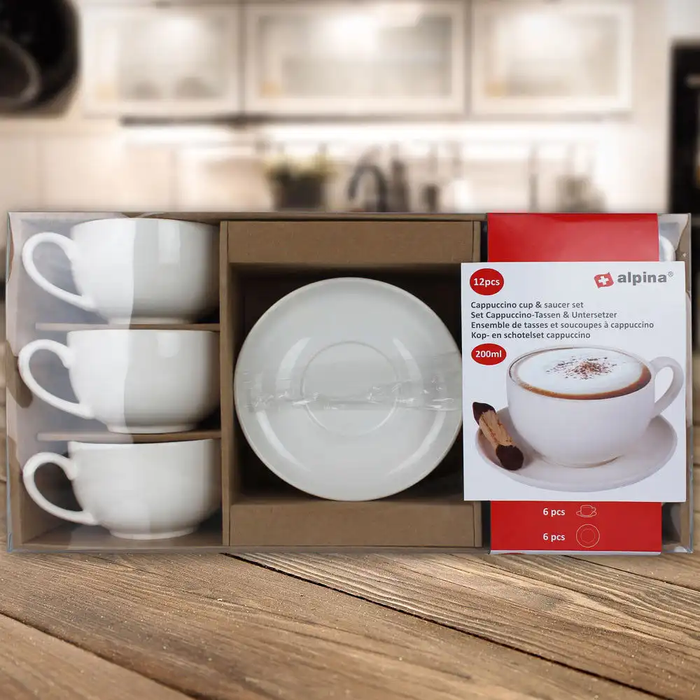 Set di 6 Tazze Tazzine Con 6 Piattini Per Colazione Caffe' Da 75ML Bianco Alpina