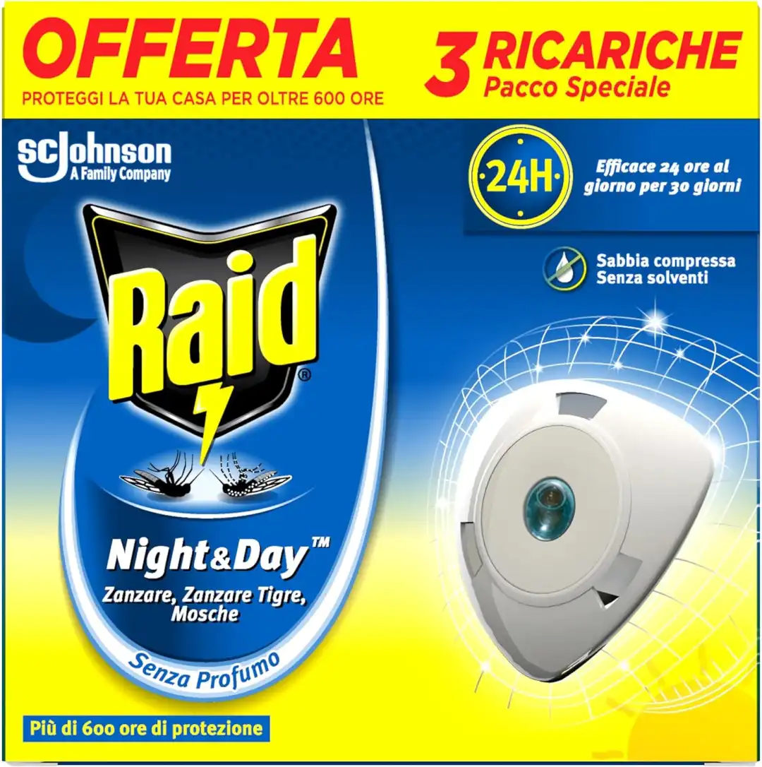 Raid Night&Day 3 Ricariche Antizanzare Inodore Sabbia Compressa 600h Protezione