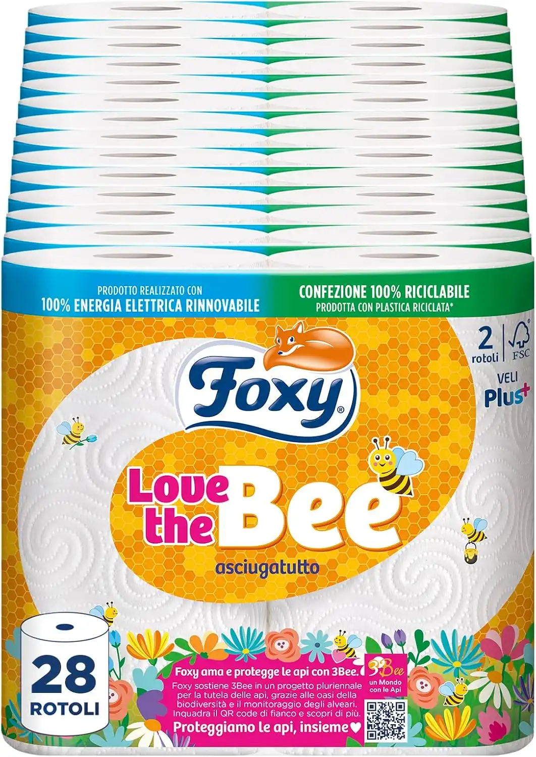 Foxy Love the Bee Asciugatutto 28 Rotoli da 60 Strappi 2 Veli Elevato Spessore