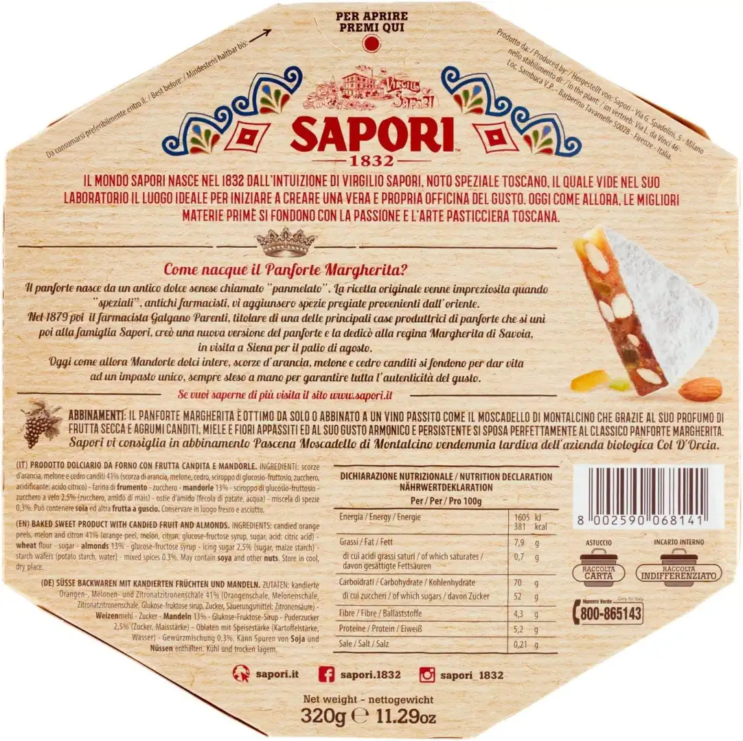 10x Panforte Margherita I Sapori 320g Dolce Natalizio Mandorle e Cedro Canditi