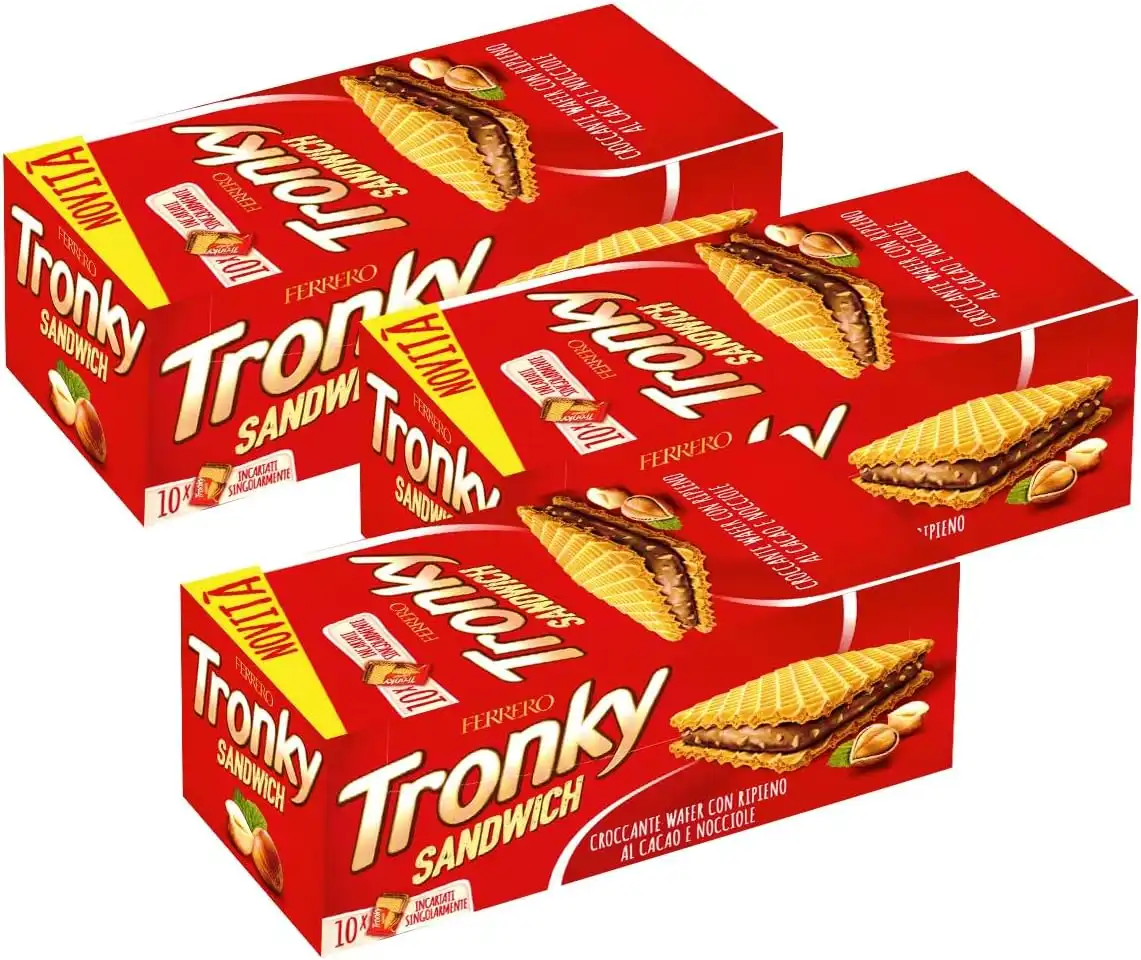 3x Croccante Wafer con Ripieno al Cacao e Nocciola Tronky Sandwich 3x220g