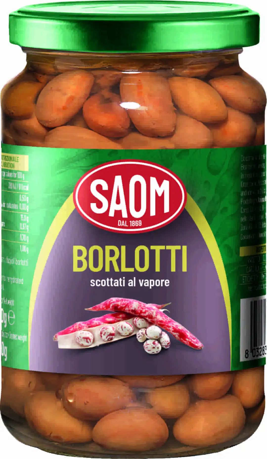 12x Saom Fagioli Borlotti Scottati al Vapore 360gr in Barattolo Vetro 12x360gr