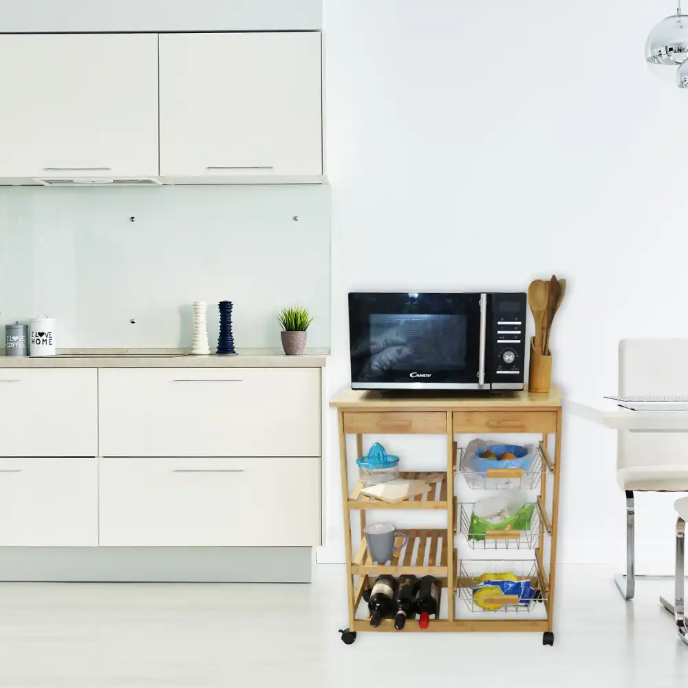 Carrello da Cucina con Ruote 2 Cassetti e Portabottiglie in Legno Bambu' Bamboo