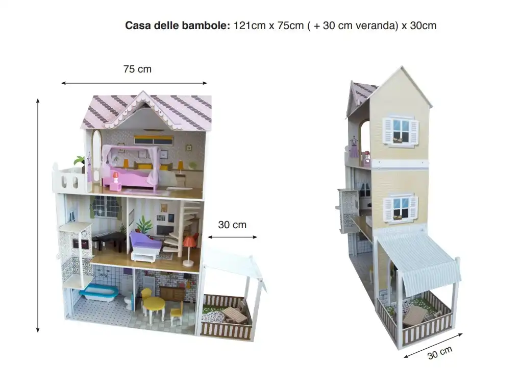 Casa Delle Bambole in Legno Altezza 121 Cm Con Veranda e 3 Livelli di Gioco