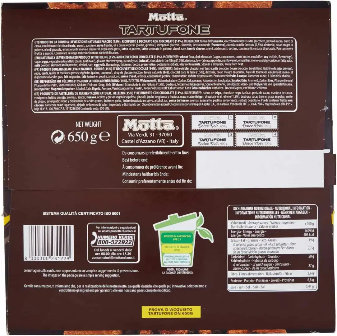 Tartufone Motta Dolce Noir 650gr Farcitura al Cacao e Cioccolato Fondente Extra