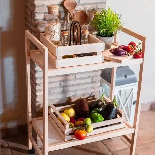 Carrello con 2 Ripiani in Legno di Faggio con 4 Ruote Orientabili 60x34x83cm