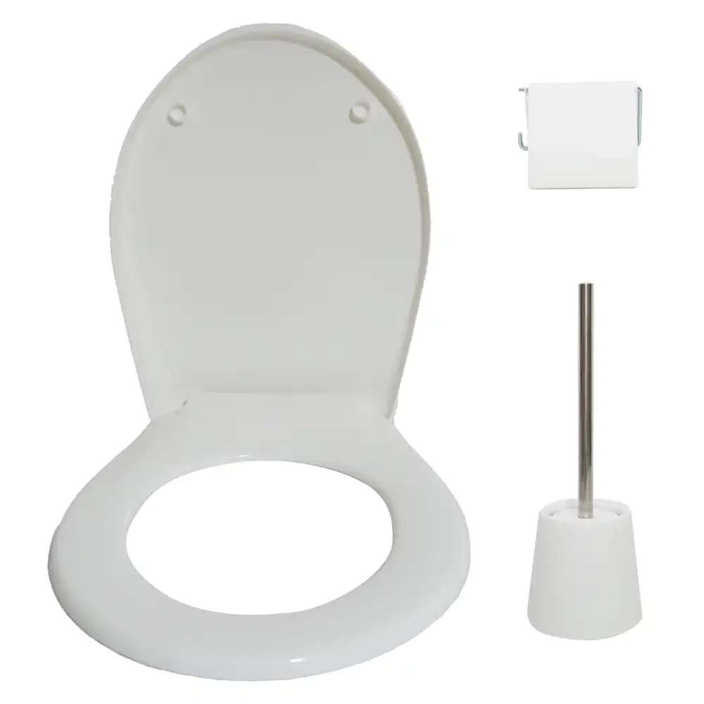 Kit WC Set 3 Pezzi Copriwater Universale Porta Scopino e Portarotolo Bianco