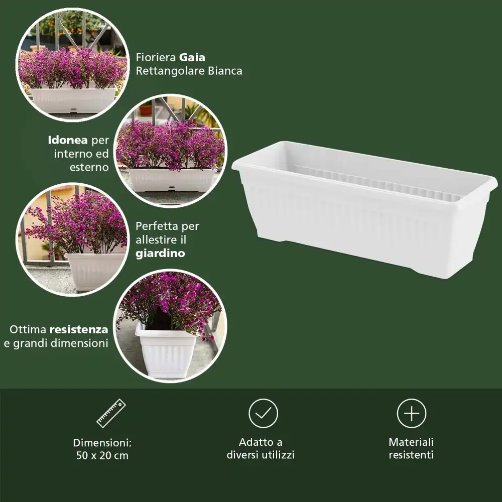 Fioriera Vaso Gaia Rettangolare 50x20 cm 9 Lt Colore Bianco con Sottovaso