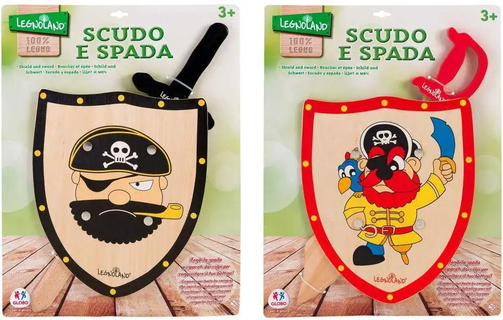 Gioco per Bambini Bimbi con Scudo e Spada dei Pirati in Legno 2 Colori